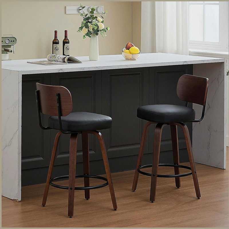 Ensemble de 2 tabourets de bar pivotants de 26 po revêtus de similicuir avec dossier en noyer et pieds en bois cintré, tabourets de bar modernes pour comptoir de cuisine, polyuréthane noir