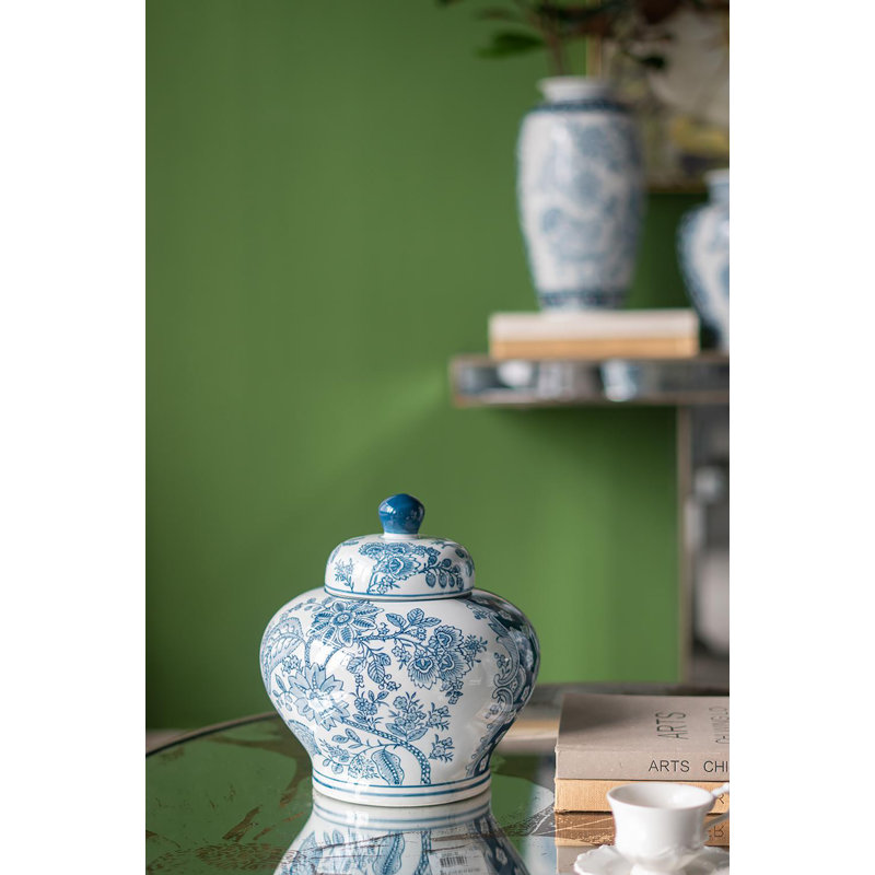 Porcelain Lidded Jar with Floral Patterns - 9"Dia. x 9" - Blue /White
