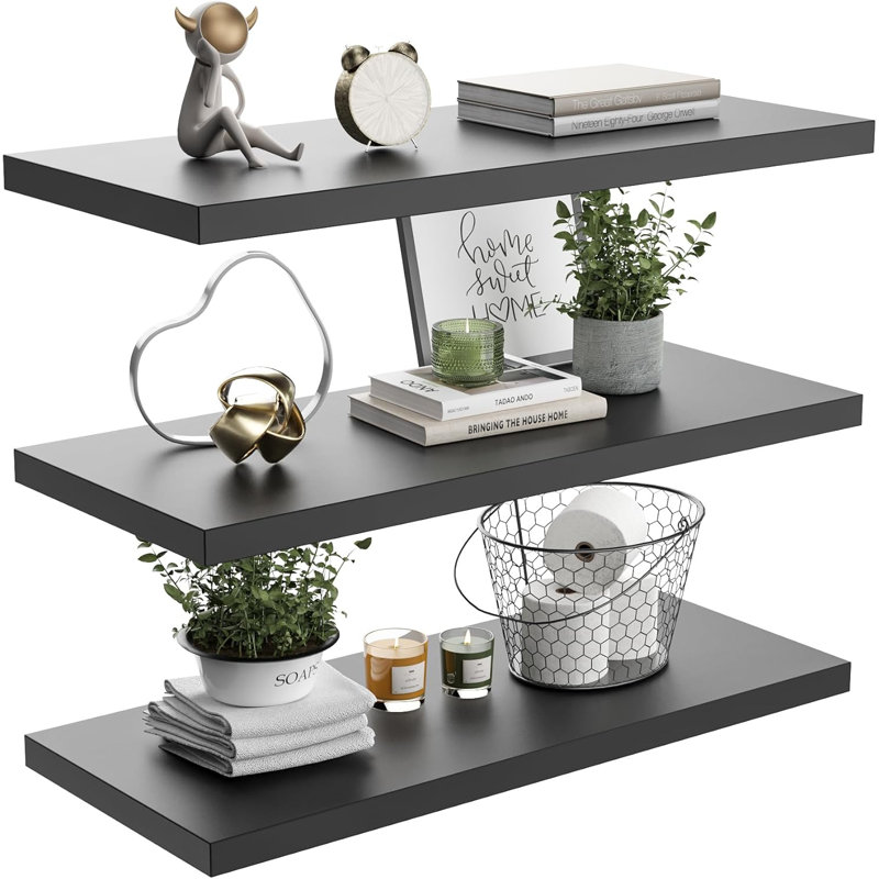  Large Floating Shelves for Wall Set of 3 Wooden Wall Shelves 30 in x 10 in x 1 in Room Decor Long Shelf with Invisible Wall Mount Bracket for Bedroom, Kitchen, Living Room, Black