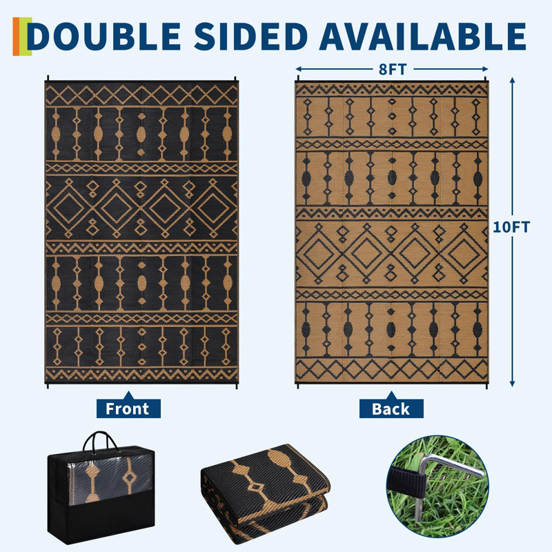 Outdoor Rug 8x10 FT, Waterproof Plastic Reversible Rug, Outdoor Plastic Straw Rug for Camping, Floor Mat for Outdoors, RV, Patio, Backyard, Deck, Picnic, Black & Brown