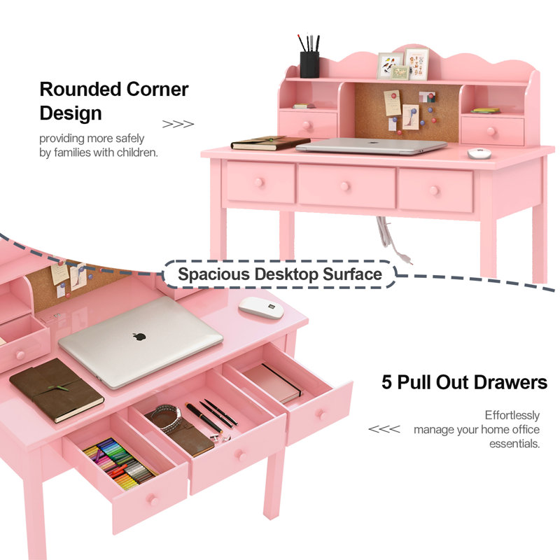 Mailiah Solid Wood Base Writing Desk with Power Outlet, Pink