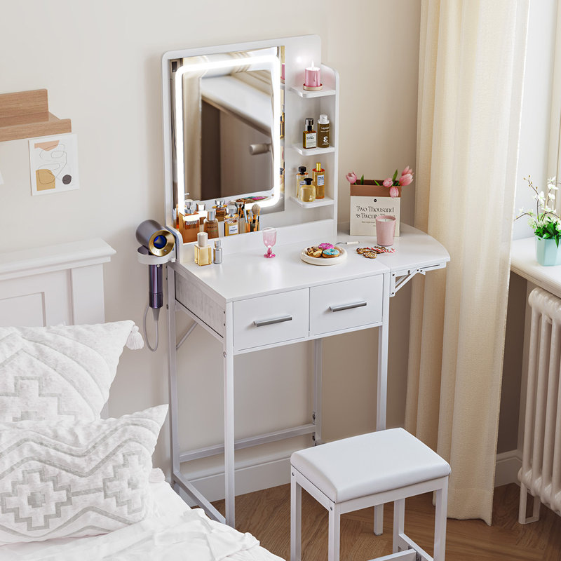 Petit ensemble de coiffeuse avec miroir à DEL et tabouret, Blanc