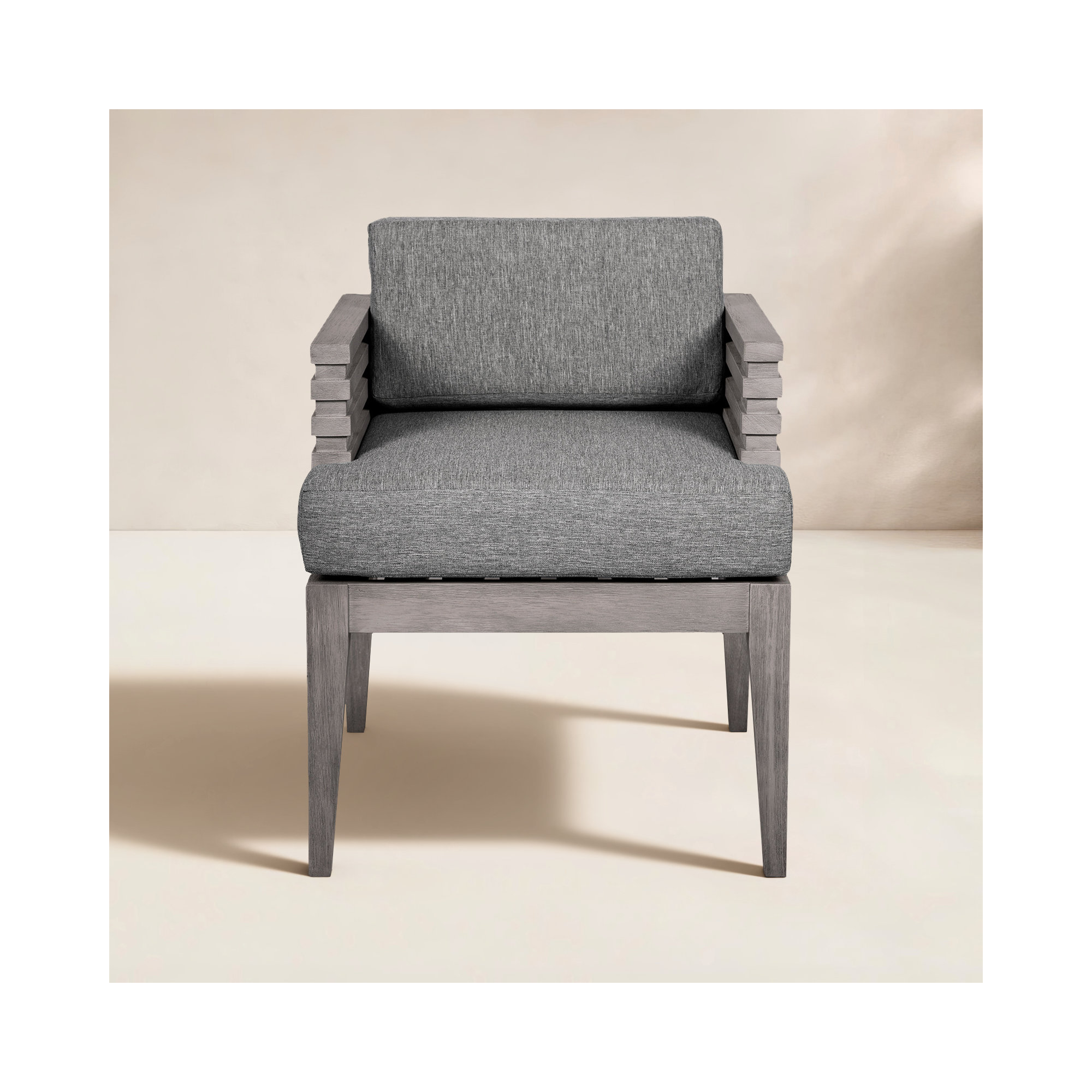 Aerilyn Wood Premium All-Weather Wicker Outdoor Dining Armchair with Cushion, Grey Performance
