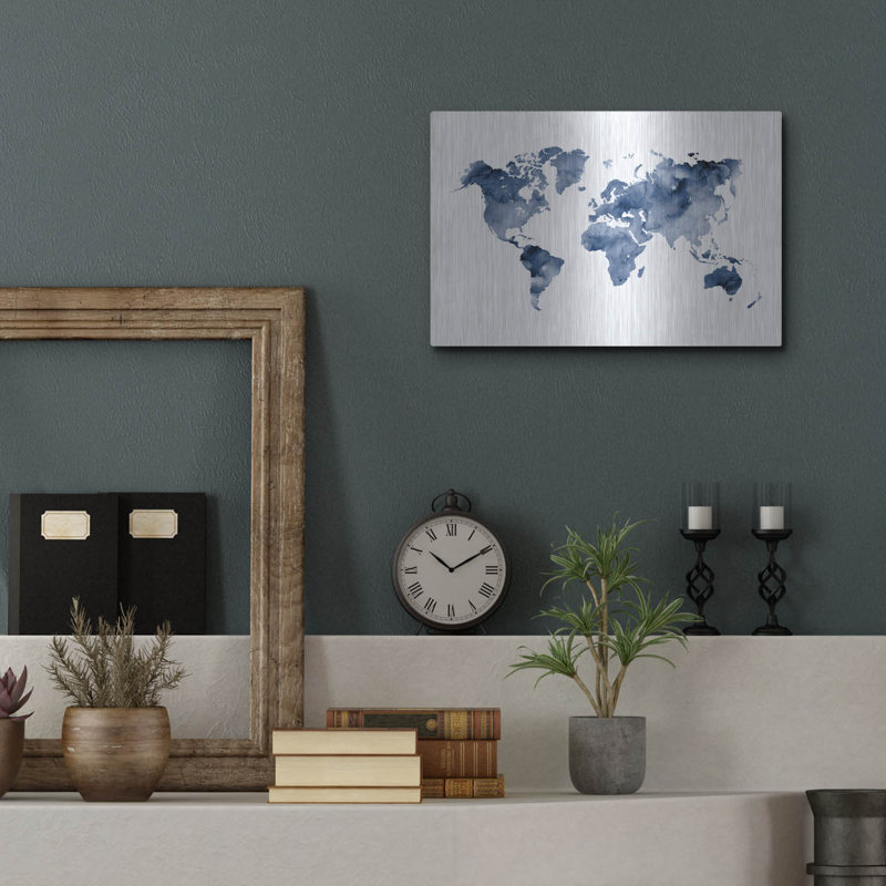 Art mural de luxe «Indigo World Map» par Brandon Wong, H 12 po x l 16 po