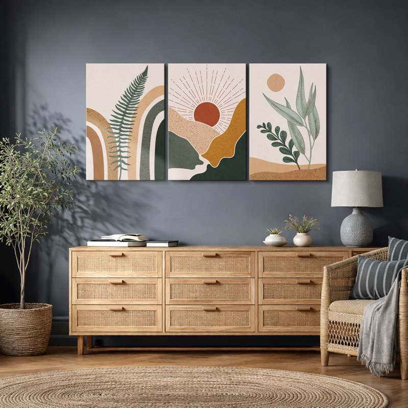 «Mid Century Modern Boho Sun Forest Plant», ensemble de 3 impressions sur toile, H 36 po x l 72 po , Toile tendue
