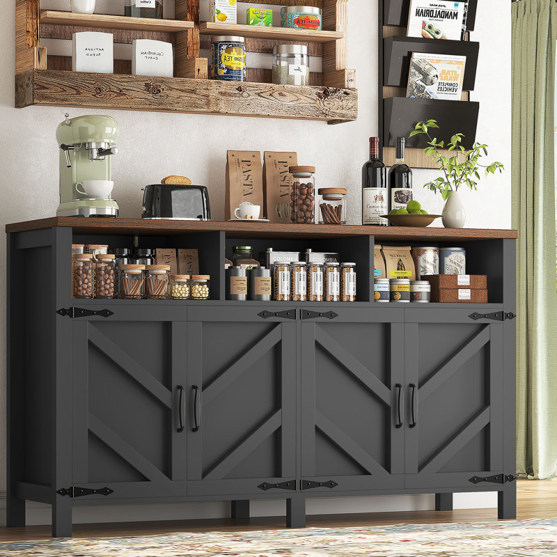 55" Large Buffet Sideboard with 4 Doors, Farmhouse Kitchen Storage Cabinet with Adjustable Shelves, Wooden Cabinet Sideboard and Coffee Bar Cabinet Table for Dining Room, Entryway, Black
