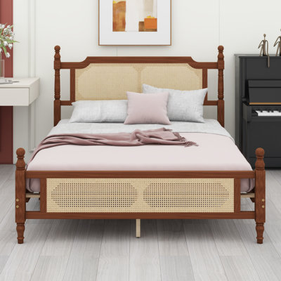 Wooden Bed With Rattan Headboard And Footboard