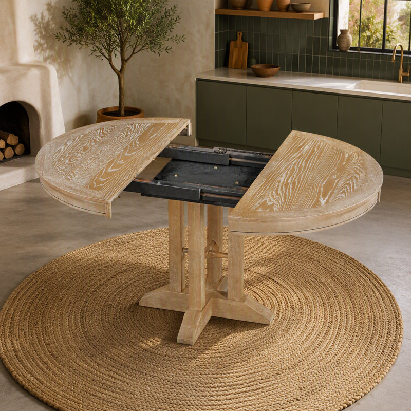 Table de salle à manger ronde extensible de style campagnard pour cuisine ou salle à manger (finition en bois naturel)
