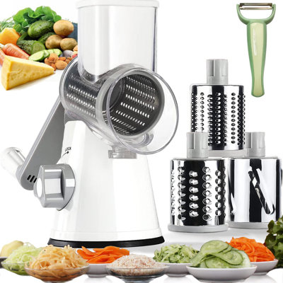 Handheld Rotary Cheese Grater Shredder- 3 Interchangeable Stainless Steel Drum Blades Manual Round Mandolin Vegetable Slicer Nut Grinder With Upgraded -  APPLIANCES & HOMEGOODS LIQUIDATION INC., ZLB0C2P3XWCS