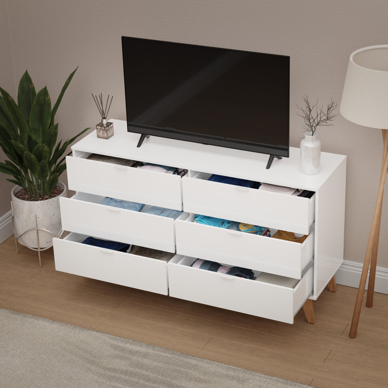 Ahmed 57.08"W 6-Drawer Dresser with Aluminum Handles,  White/Light Brown