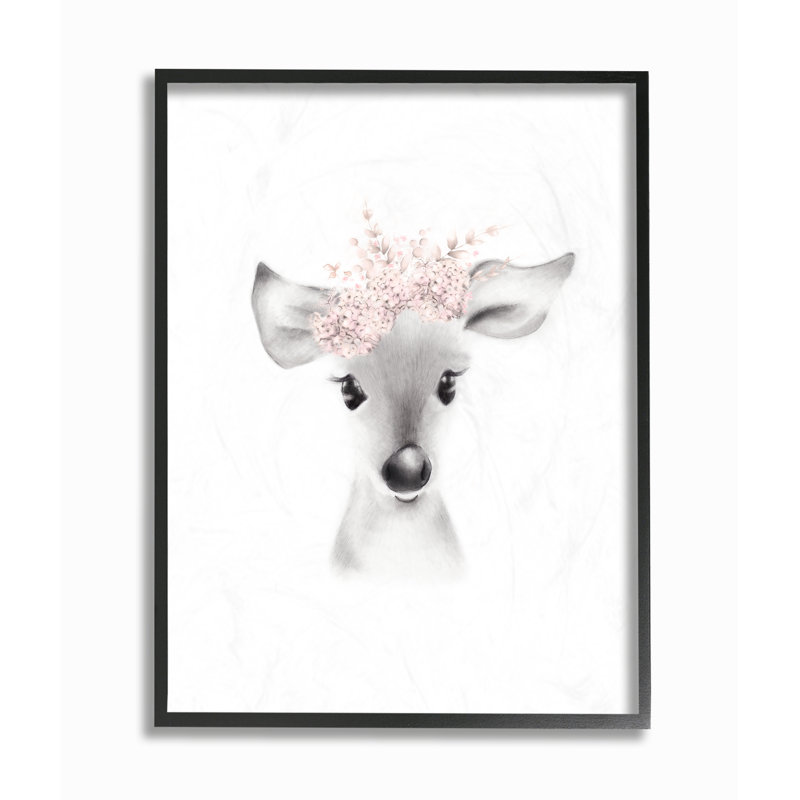 Gupton Fluffy Deer Flowers Art, Giclée encadrée noir minuit, H 14 po x l 11 po x P 1,5 po
