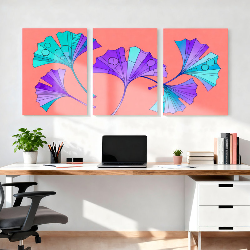 Ensemble de 3 tableaux abstraits géométriques à motifs de feuilles de ginkgo sur toile tendue., H 36 po x l 72 po