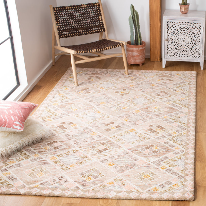 Tapis beige en laine touffeté à la main à motif géométrique, Rectangle 4 pi x 6 pi