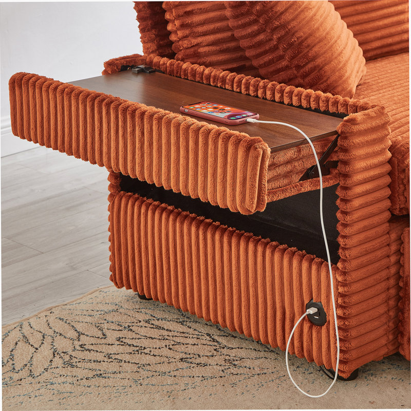 Comfortable Fluffy Corduroy Lazy Sofa With Storage, Double Ottomans, And Table Board For Ultimate Relaxation, Orange