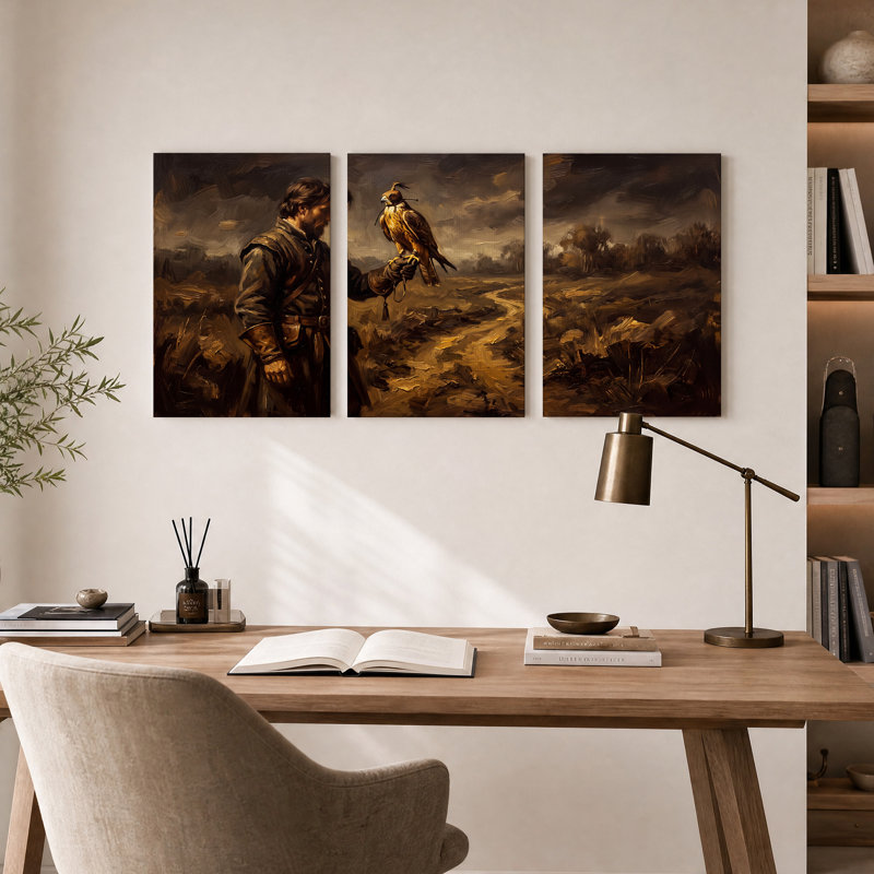 Ensemble de 3 toiles murales représentant un fauconnier et son faucon doré dans un paysage, 18"H x 12"W x 3pcs