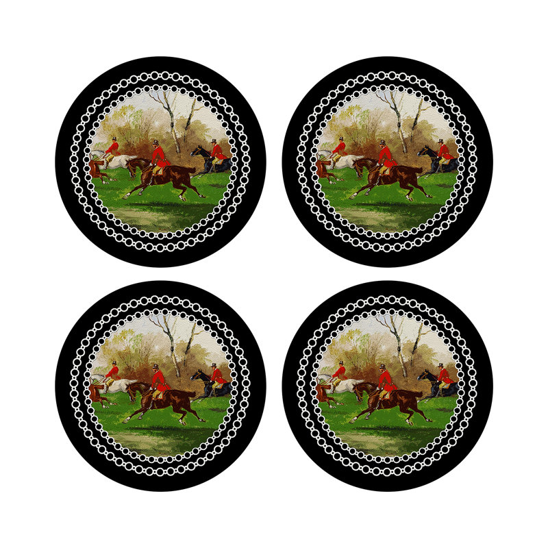 English Hunting Black Vegan Leather Round Coasters, Black