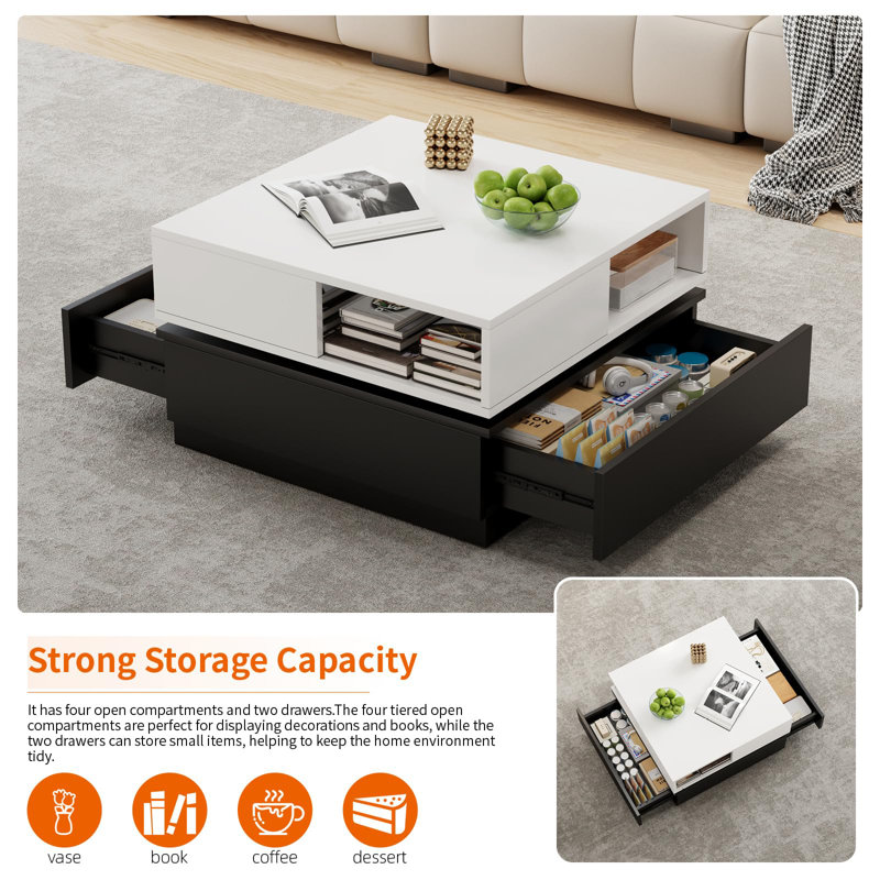 Square 360°rotating Coffee Table With 2-tier And 4 Drawers,black White Coffee Table With Large Storage For Living Room