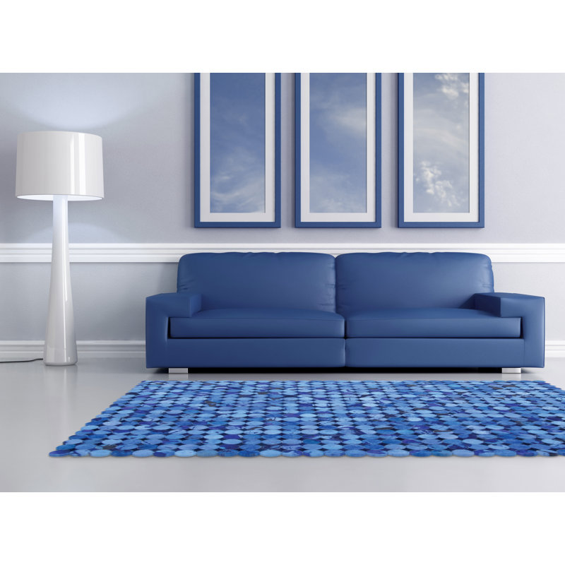 Area Cowhide Geometric Area Rug in Blue, Rectangle 4' x 6'