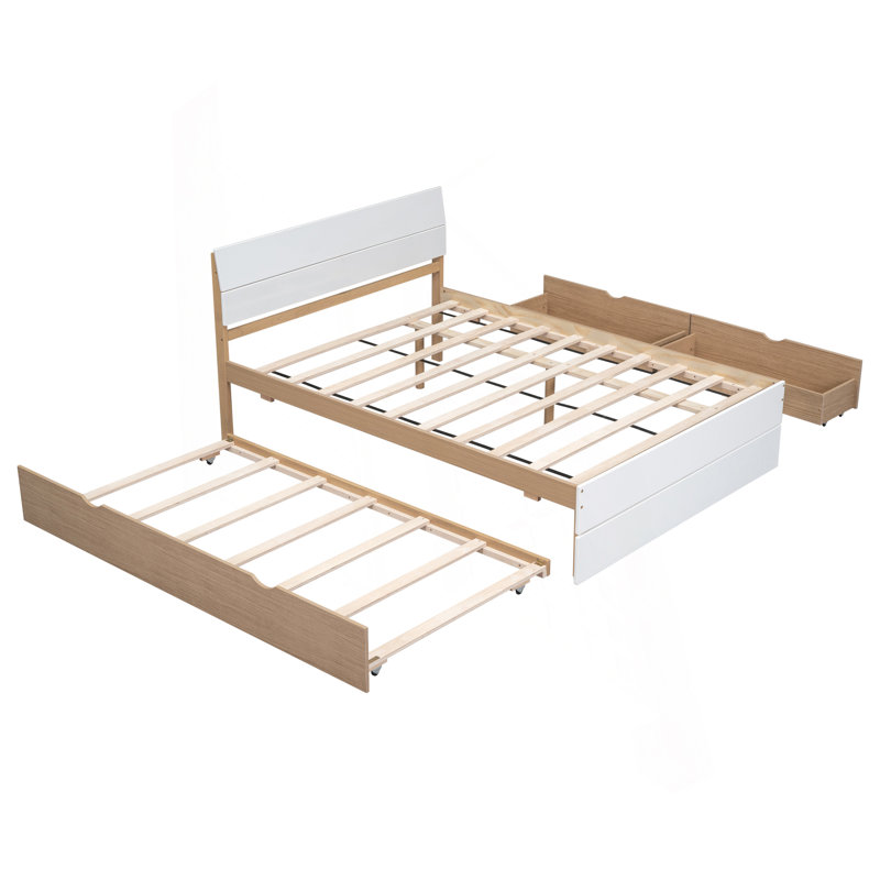 Modern Full Bed Frame With Twin Trundle And Drawers, Offering Style And Functionality, Oak