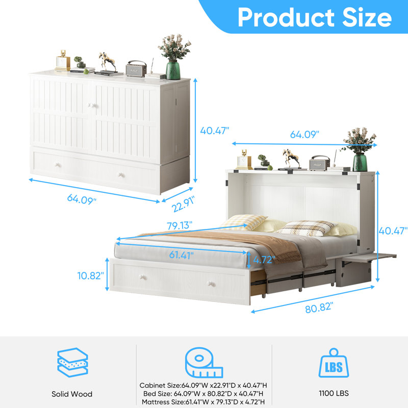  Murphy Bed Queen with Charging Station & Storage Drawers, White, White