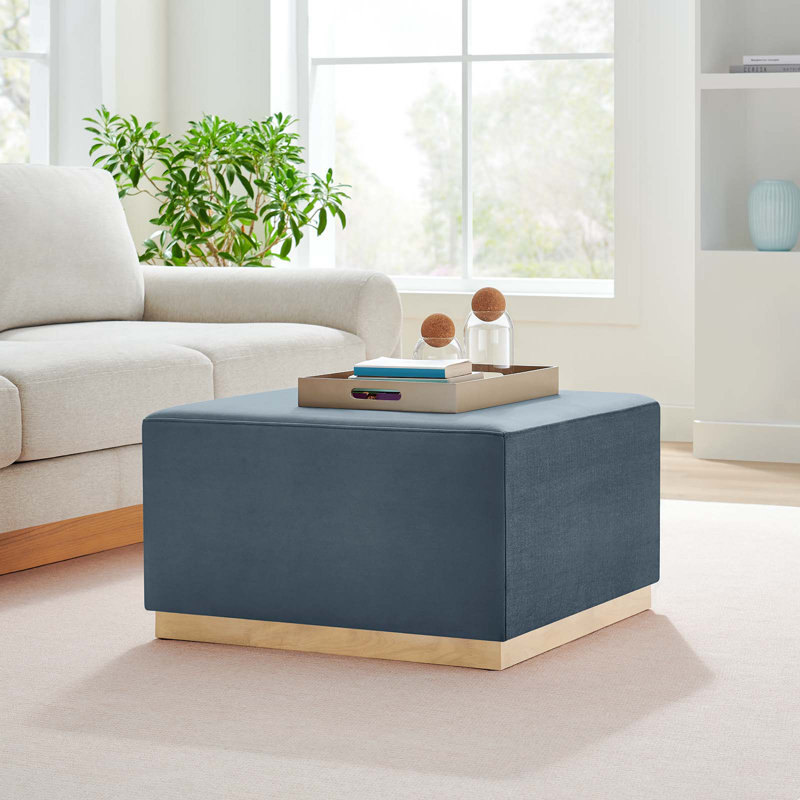Cadet Blue Velvet Upholstered Square Ottoman with Rubberwood Base