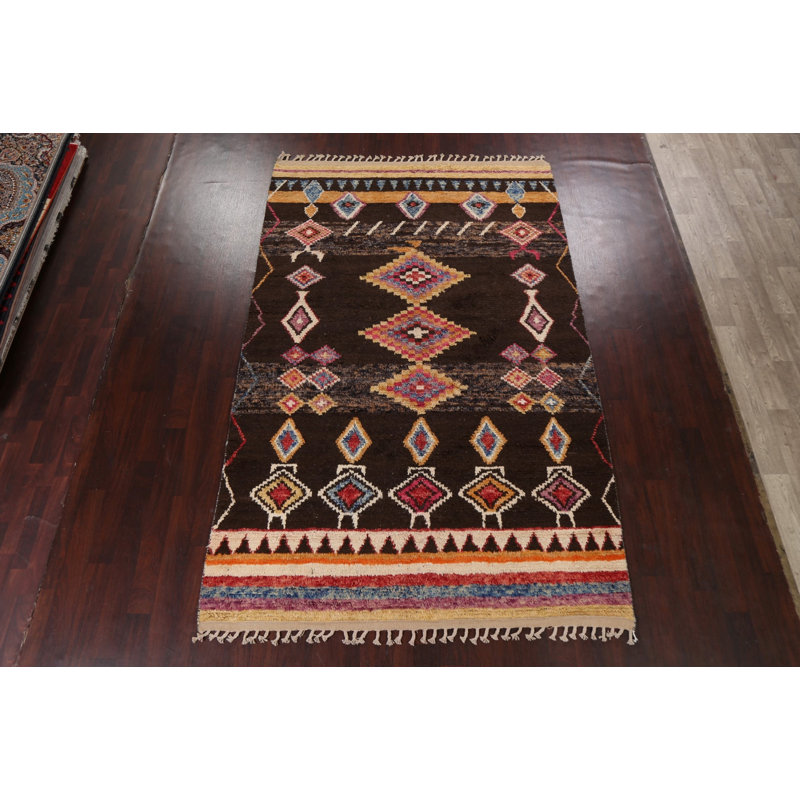 Tapis brun en laine noué à la main de conception unique 6 pi 11 po x 10 pi 11 po marocain