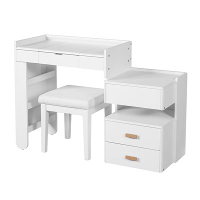 Meuble-lavabo 3 en 1 avec miroir rabattable, éclairage DEL, longueur réglable et tiroirs spacieux - Coiffeuse multifonctionnelle élégante pour la maison, blanc