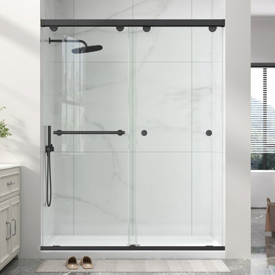 43"-48" W x 76" H Double Sliding Semi-Frameless Shower Door in Matte Black with 5/16" (8mm) Clear Tempered Glass, Aluminum Frame