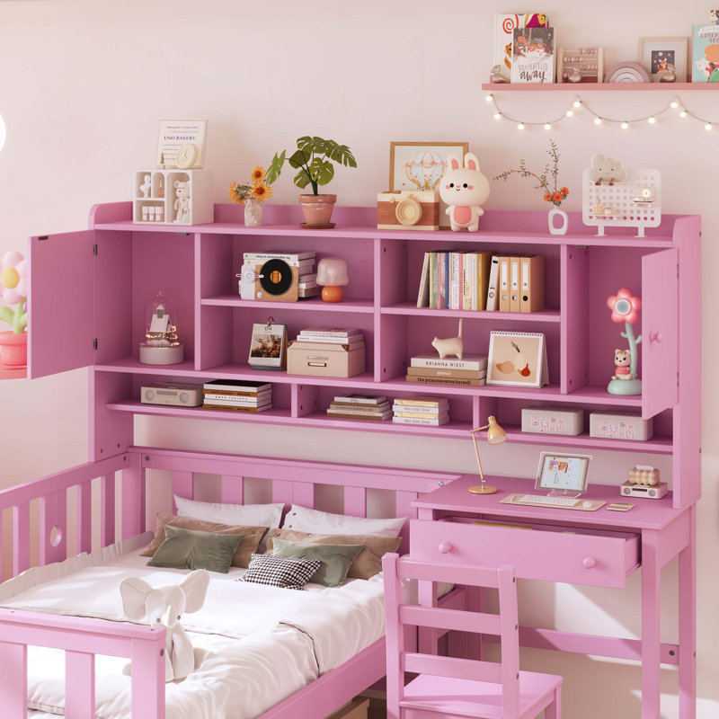 Wood Platform Bed with Bookshelf at the Head of the Bed, Built-in Desk and Matching Chair, Pink