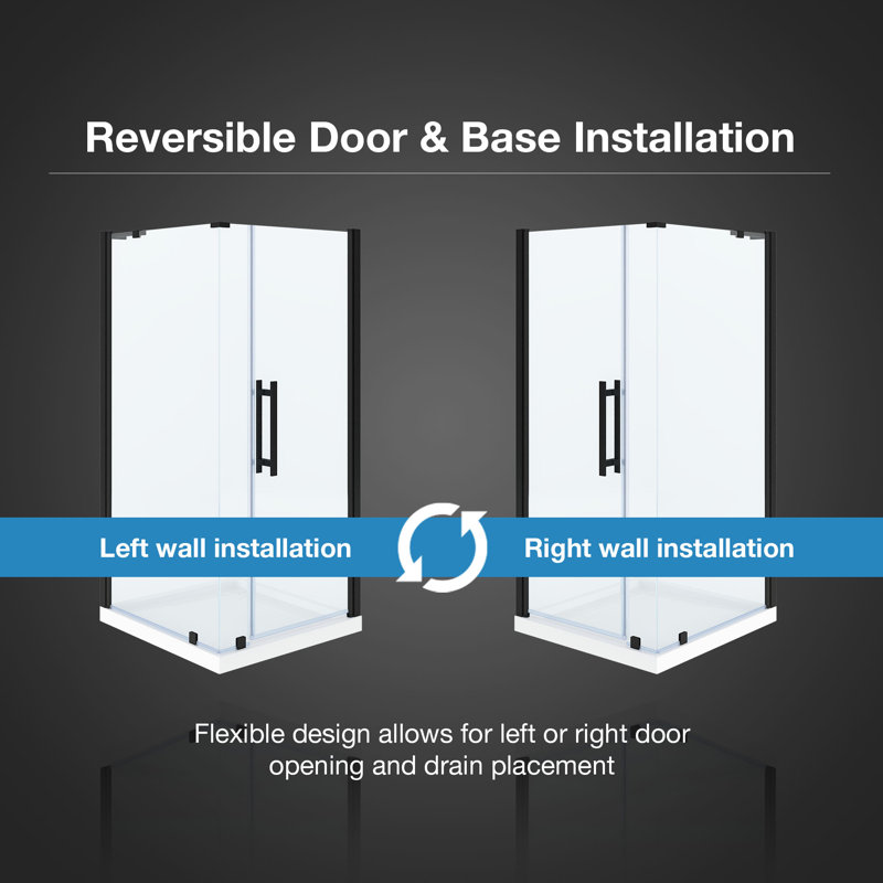OVE Decors Pasadena Corner Frameless Pivot Shower Door Kit With Base Pan, 2025, 74.8"H x 36"W x 36"D, Black