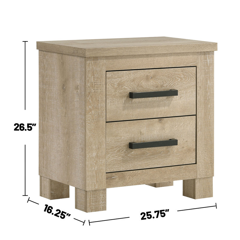 Table de chevet 2 tiroirs en bois avec poignées bronze foncé et chêne vieilli