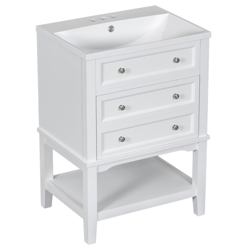 Meuble-lavabo 24 po avec lavabo | Structure en bois massif, tiroir et tablette ouverte | Solution de rangement compacte