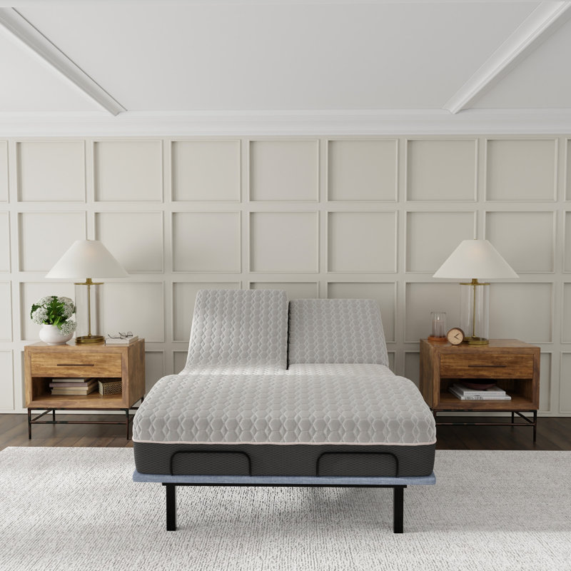 Lit très grand divisé, matelas de 12 po, cuivre, housse de refroidissement, couche souple de 1 po, ressorts ensachés de 6 po, support à haute densité, tissu noir et gris à changement de phase, noyau de ressorts, base de 2 po, mousse