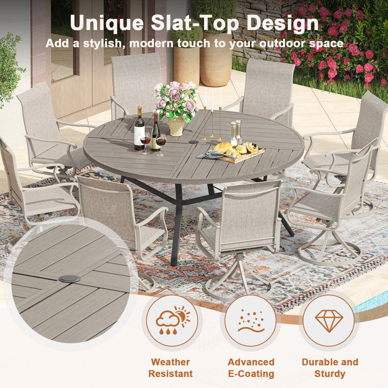 Round Outdoor Dining Set with 60" Metal Dining Table and 8 PVC-coated polyester Swivel Dining Set, Brush Wood Gray/Sandshell