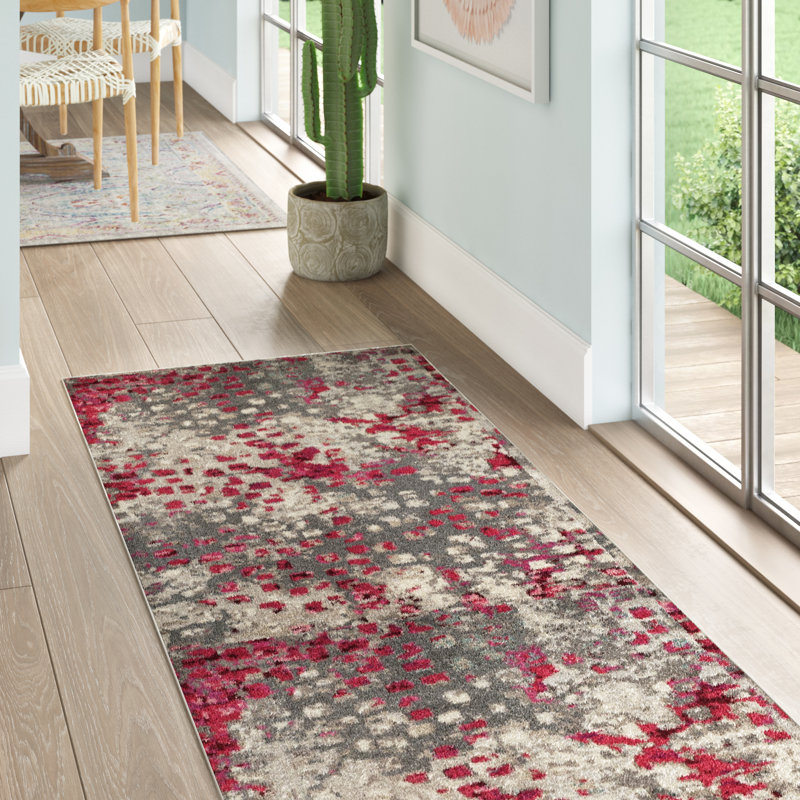 Hertzler Abstract Area Rug, Runner 2'2" x 12', Grey/Fuchsia