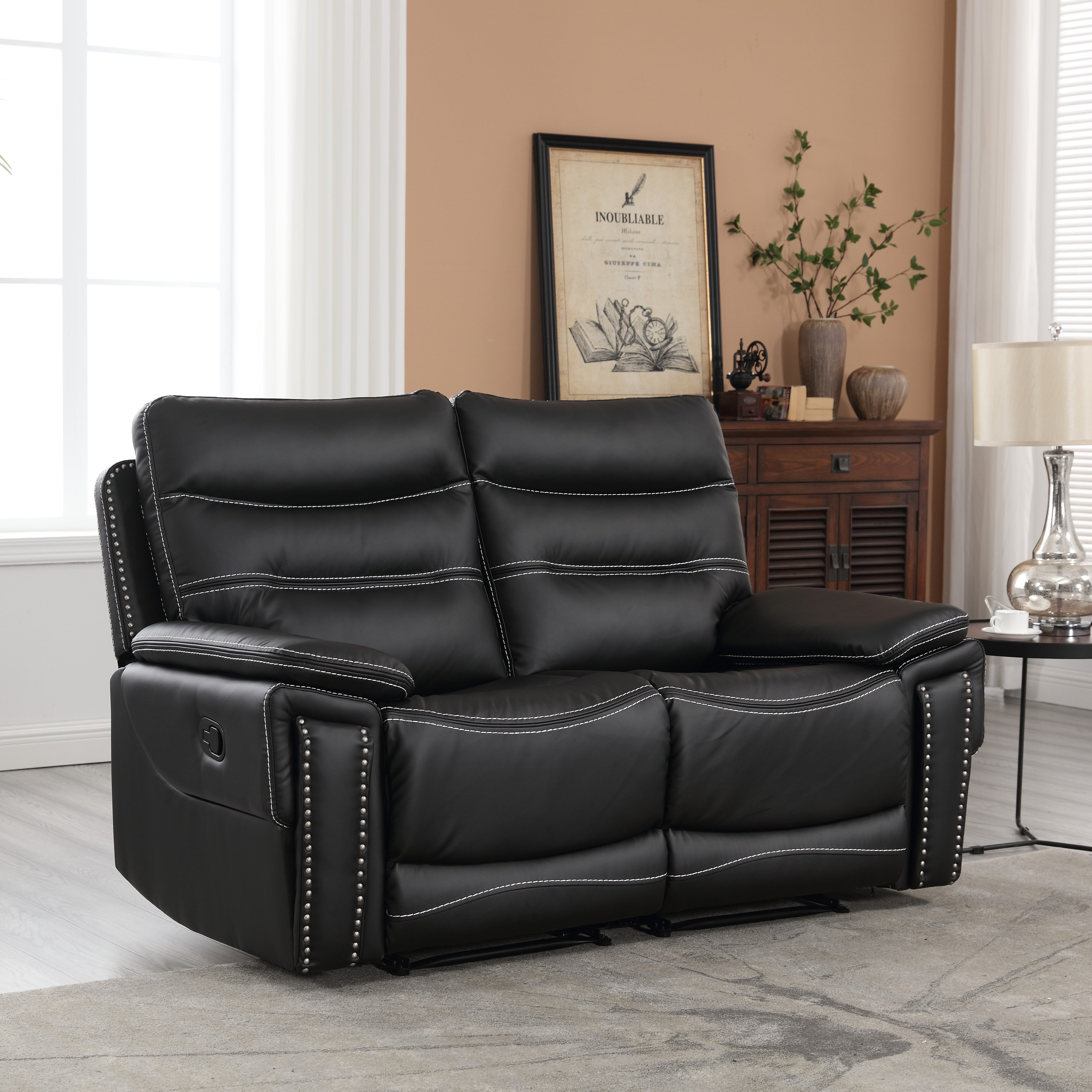 Black leather reclining loveseat discount