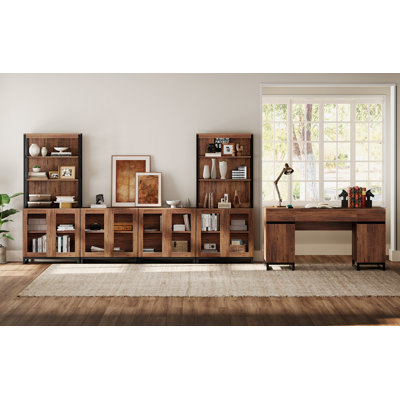  Home Office Furniture Set: 59" Executive Desk With Charging Station And Storage Cabinet, Two 72" Tall Bookcase With 3 Tiers And 4 Cabinets, Modern Computer Desk And Shelf For Work Study