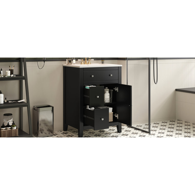 Meuble-lavabo moderne de 24 pouces, lavabo en céramique, métal rustique, charnières silencieuses, rangement pour pinceaux de maquillage, style campagne française, tiroirs, tablette réglable pour flacons de bain de bouche