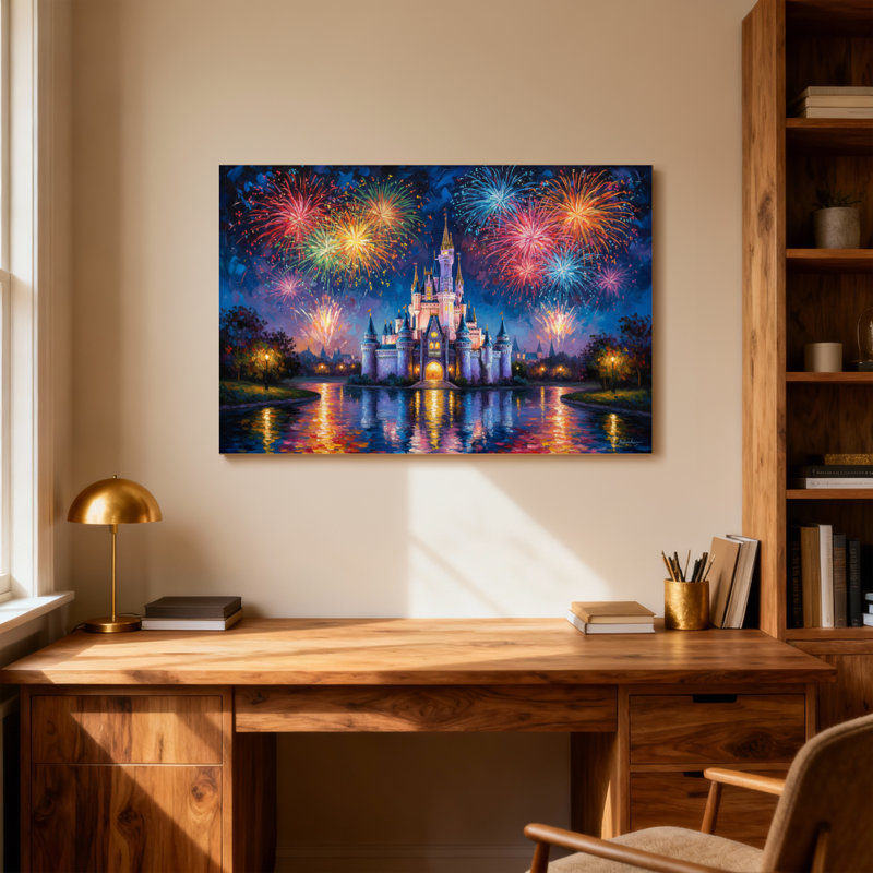 Paysage, nature, feux d'artifice, château, réflexion, ciel nocturne, lumières magiques, eau, H 12 po x l 18 po