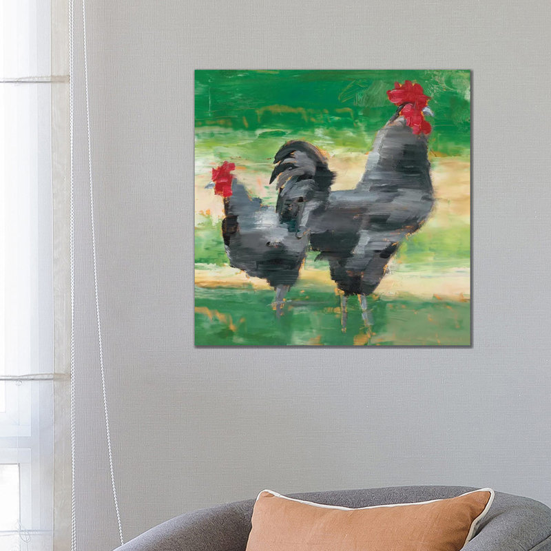 «Black Rooster & Hen I» par Ethan Harper - reproduction d'art, H 26 po x l 26 po x P 1,5 po, Toile tendue, Pas de tapis