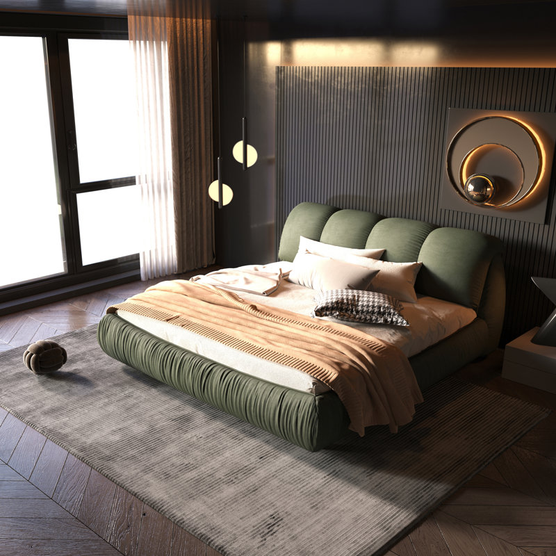Grand lit plateforme tapissier grand format avec dossier rembourré surdimensionné et structure en bois massif, convenant à plusieurs hauteurs de matelas, vert