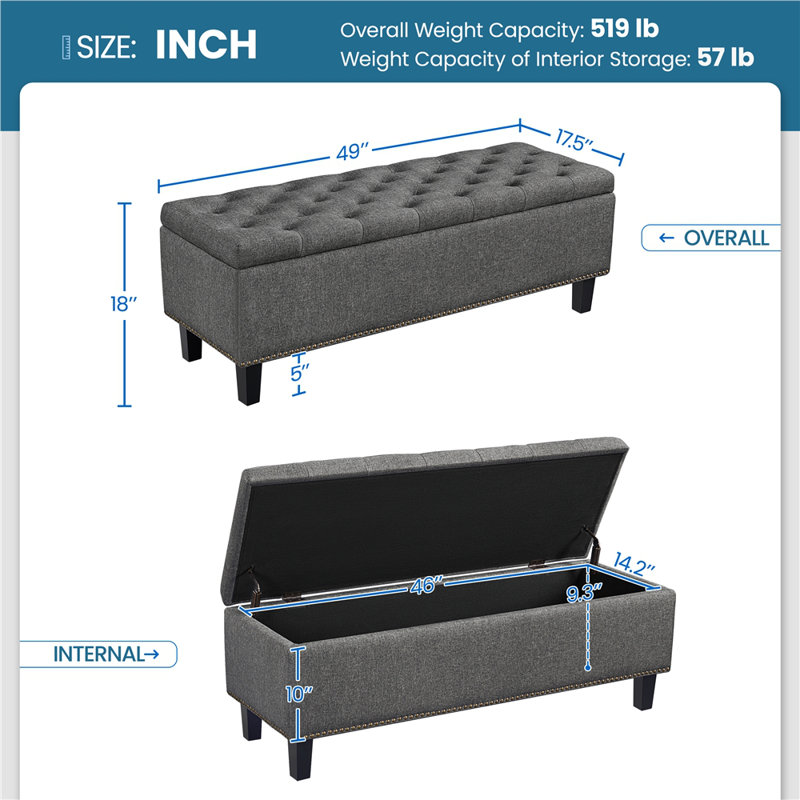 Banc de rangement rembourré Riella, H 18 po x l 49 po x P 17,5 po