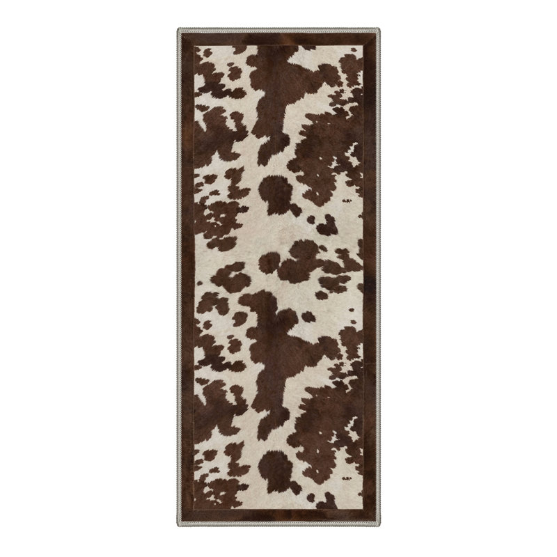 Aura Rustic Cowhide Machine Washable Beige / Brown Indoor Area Rug with Non-Slip Backing, Runner 2'3" x 6'