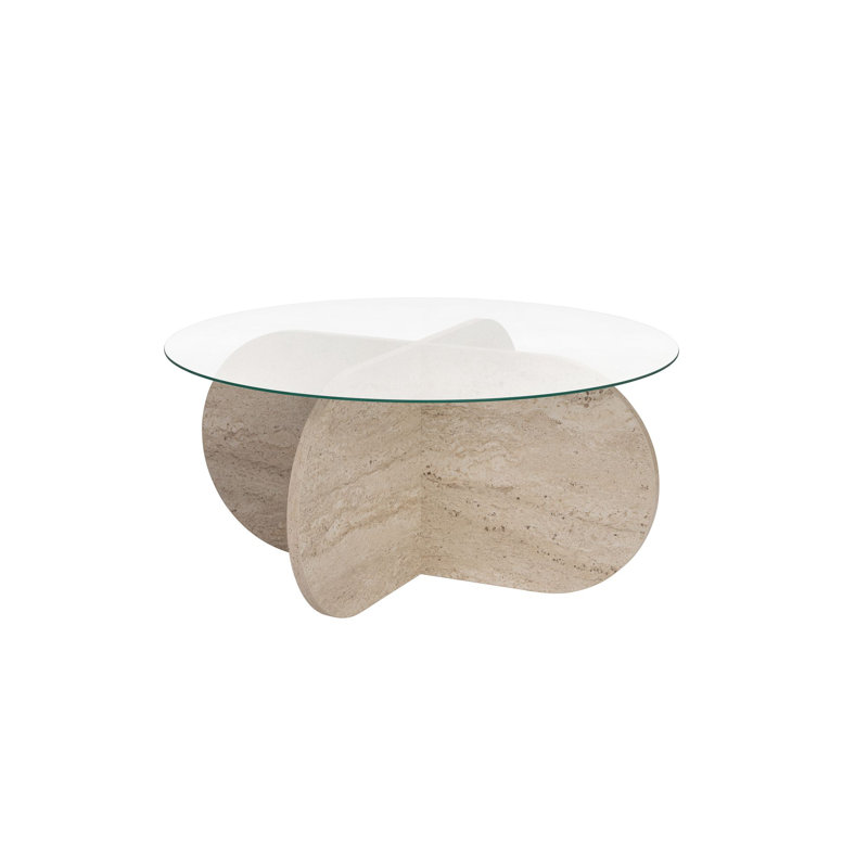 Modern Coffee Table with 100% Tempered Glass Top, Travertine & Transparent Finish, 75 x 35 x 75 cm, Durable 100% Melamine Coated Particle Board Frame, Supports Up to 15 kg