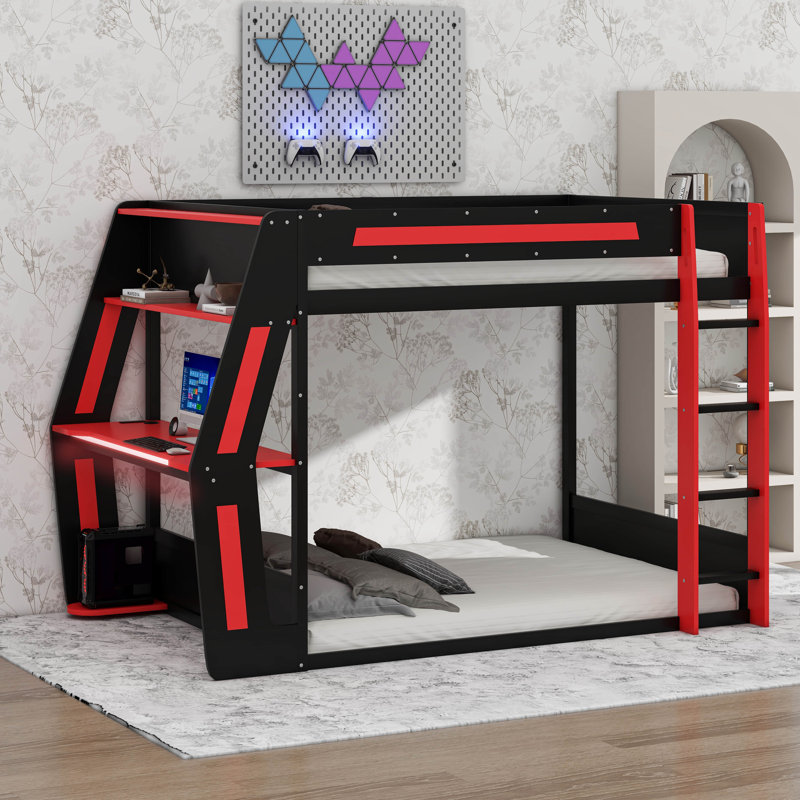 Lit superposé double pleine grandeur avec bureau RVB surdimensionné monté sur le côté, ports de charge USB et œillet à câble, bande lumineuse à DEL