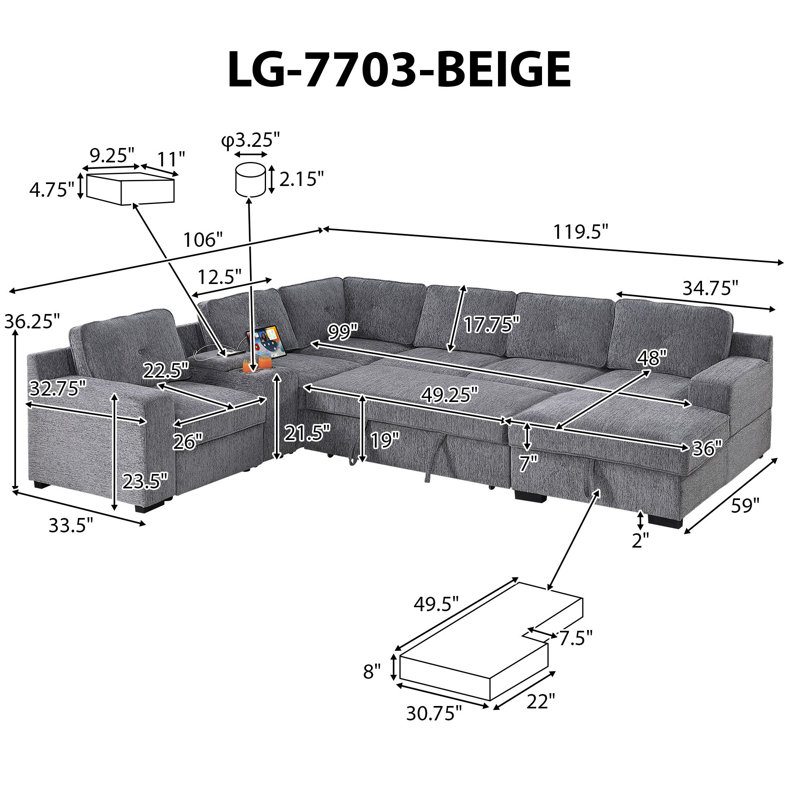 119.5" Convertible Modular Sectional Sofa Bed 2-In-1 Oversized Chenille Pull-Out Sleeper Couch With Console Armrest & USB Charging & Cup Holder & Storage Chaise