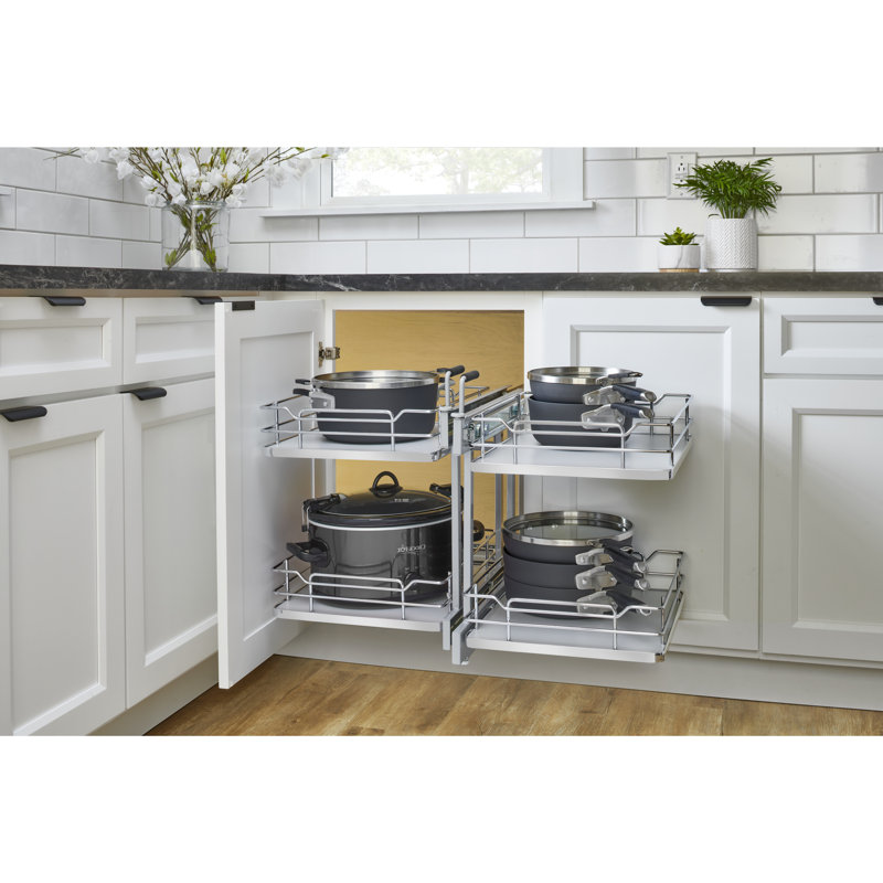 Steel Two-Tier Pullout Solid Bottom Organizer For Blind Corner Cabinets W/ Soft-Close, Grey, 23.66" H x 26.4" W x 20.4" D