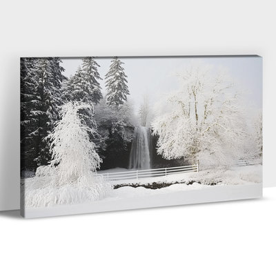 Grand paysage d'hiver, art mural sur toile, cascade de forêt enneigée, décoration murale de Noël pin blanc, peinture de scène d'hiver pour le bureau de la chambre à coucher, 24 po x 32 po