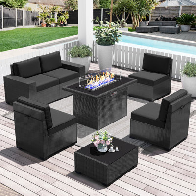  7 Pieces Outdoor Patio Furniture Set with 44" Fire Pit Table Rattan Sectional Sofa Conversation Sets