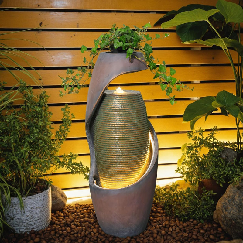 Modern Resin Cascading Water Fountain with LED Lights, 29.5" Tall Freestanding Water Feature for Living Room & Patio Decor